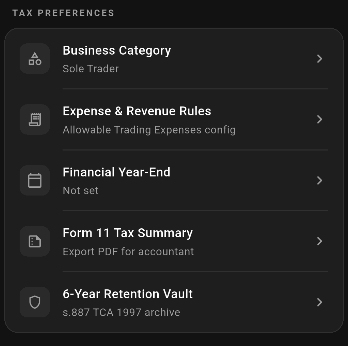 ROS Radar tax preferences including Form 11 export and 6-Year Vault